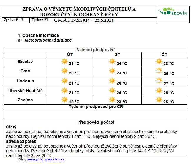 Zpráva o výskytu škodlivých činitelů a doporučení k ochraně révy vinné v období 19. - 25. 5. 2014.