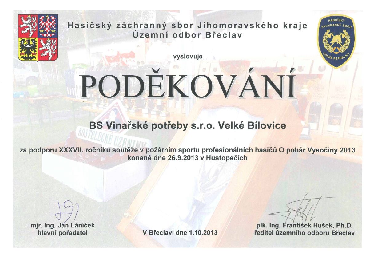Poděkování organizátora soutěže